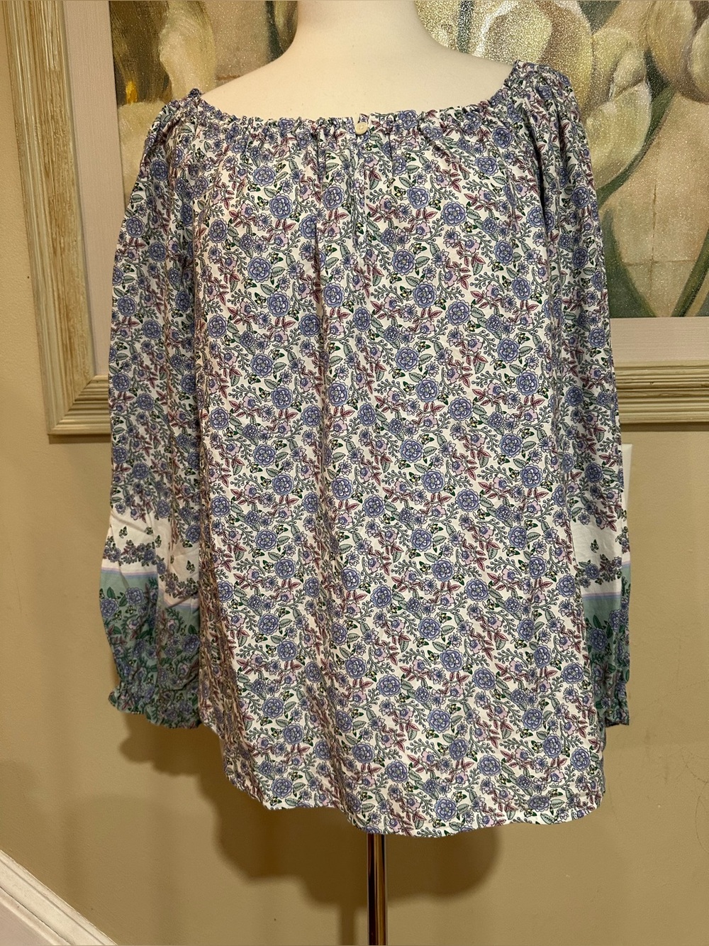 Loft Women’s Blue Purple Floral  Shirt Blouse Size L Dainty Cottagecore Spring